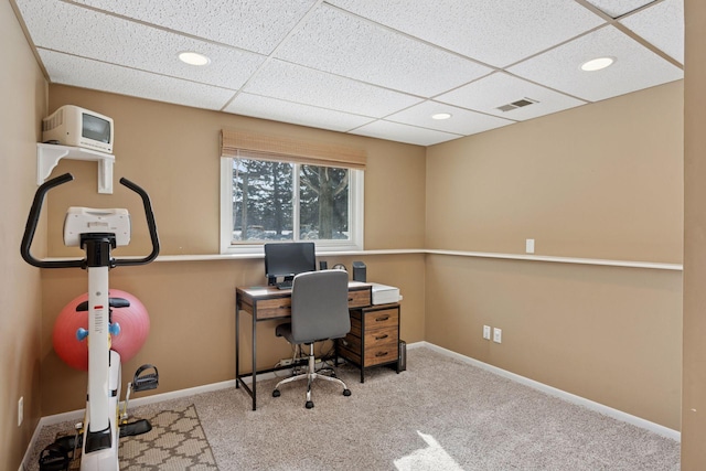 home office featuring visible vents, recessed lighting, carpet, a paneled ceiling, and baseboards