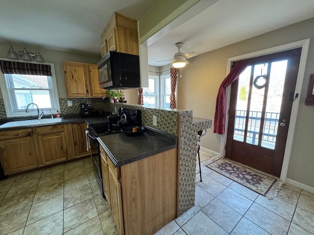 kitchen featuring a peninsula, black appliances, backsplash, and a sink