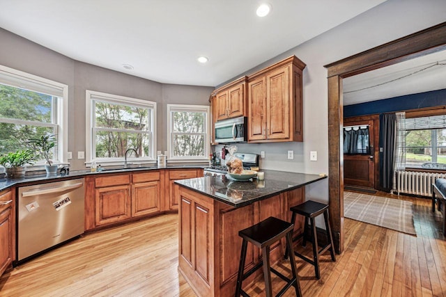 kitchen with a sink, radiator, appliances with stainless steel finishes, and brown cabinetry