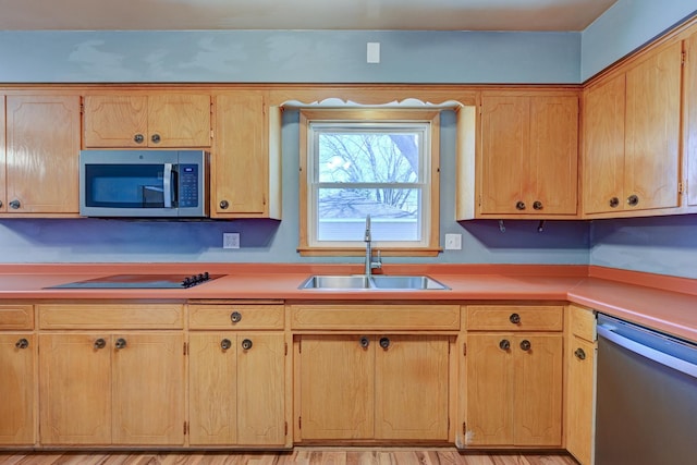 kitchen featuring appliances with stainless steel finishes, light wood-type flooring, light countertops, and a sink