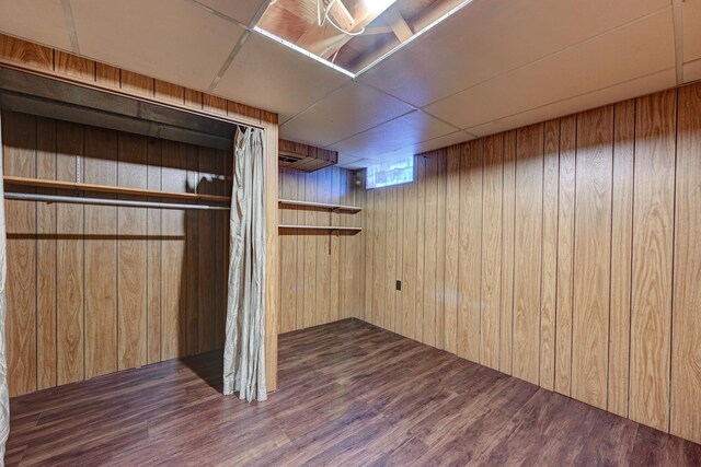 below grade area featuring wood finished floors and wooden walls