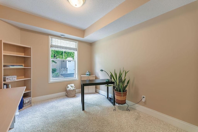 office area with carpet, baseboards, and a textured ceiling