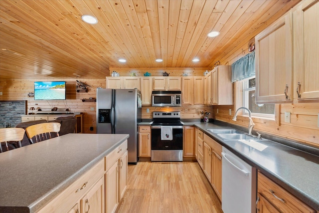 kitchen featuring dark countertops, a sink, stainless steel appliances, wood walls, and wooden ceiling