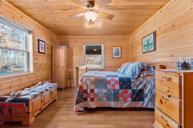 bedroom with wooden walls, light wood-style flooring, wooden ceiling, and a ceiling fan