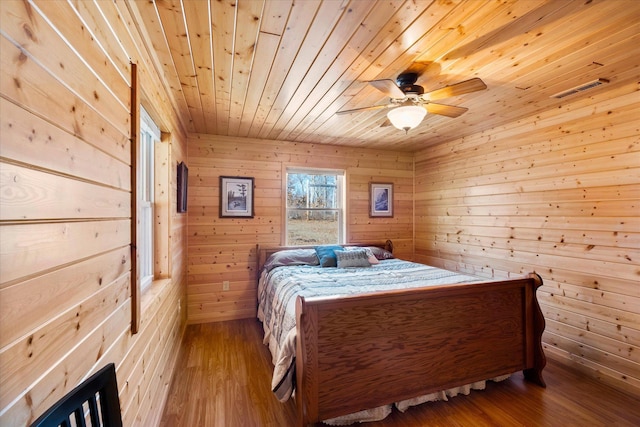 bedroom with visible vents, wood finished floors, wood walls, wood ceiling, and ceiling fan