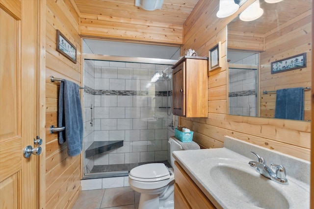 full bathroom featuring tile patterned flooring, a shower stall, toilet, and wood walls