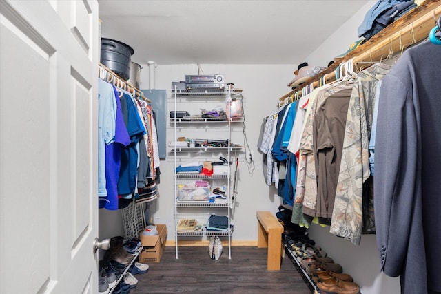 walk in closet with wood finished floors