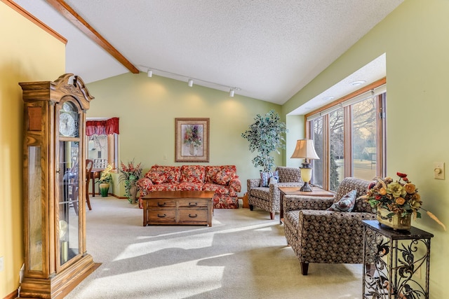 carpeted living room with a textured ceiling and vaulted ceiling with beams