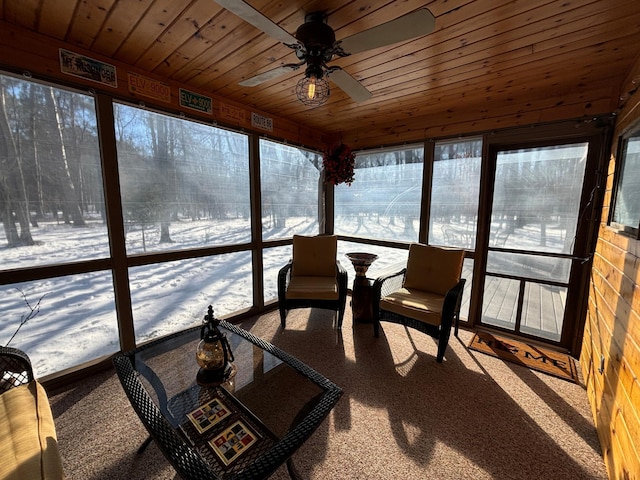 sunroom / solarium featuring a ceiling fan and wooden ceiling