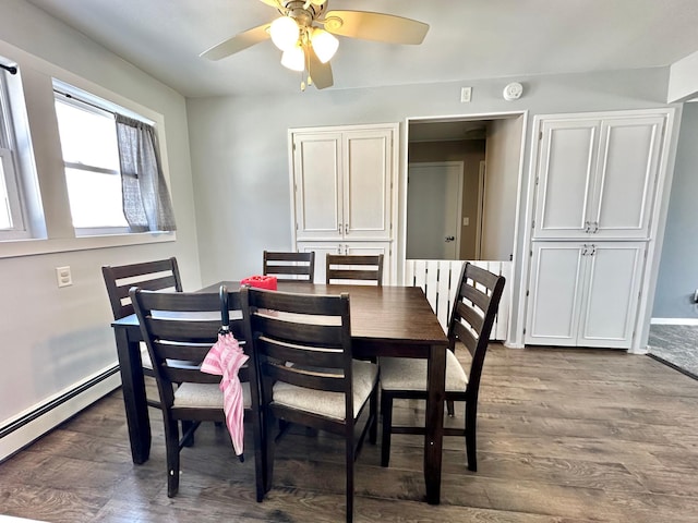 dining room featuring dark wood-style floors, a baseboard radiator, baseboards, and ceiling fan