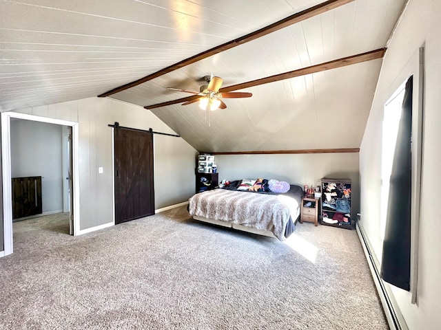 bedroom with lofted ceiling, a baseboard radiator, carpet, and a barn door