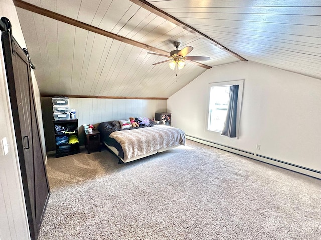 bedroom featuring lofted ceiling, a barn door, a baseboard heating unit, a ceiling fan, and carpet flooring