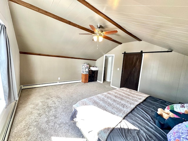 bedroom with a baseboard heating unit, a barn door, carpet flooring, and vaulted ceiling with beams