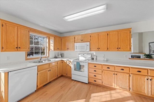 kitchen with white appliances, light countertops, light wood finished floors, and a sink