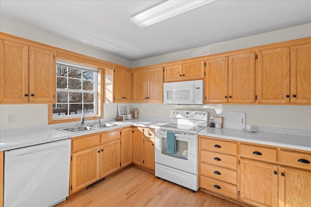 kitchen with visible vents, light wood finished floors, a sink, white appliances, and light countertops