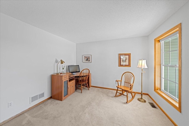 office space featuring visible vents, light carpet, and a healthy amount of sunlight