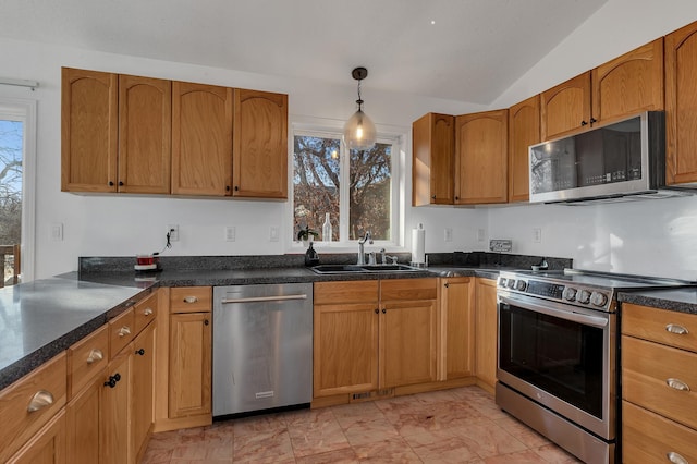 kitchen featuring vaulted ceiling, plenty of natural light, appliances with stainless steel finishes, and a sink