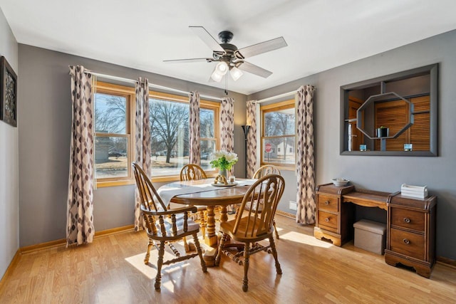 dining area featuring light wood finished floors, a ceiling fan, and baseboards