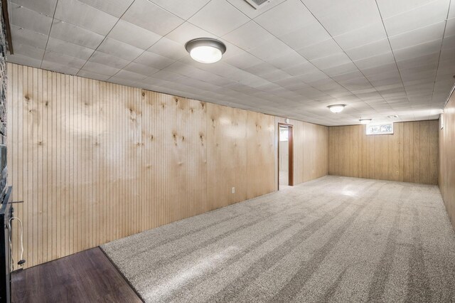 below grade area with wooden walls and carpet flooring