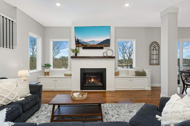 living area featuring baseboards, a fireplace, wood finished floors, and recessed lighting