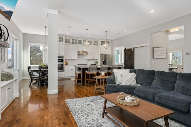 living area with plenty of natural light, a barn door, a chandelier, and dark wood-style flooring