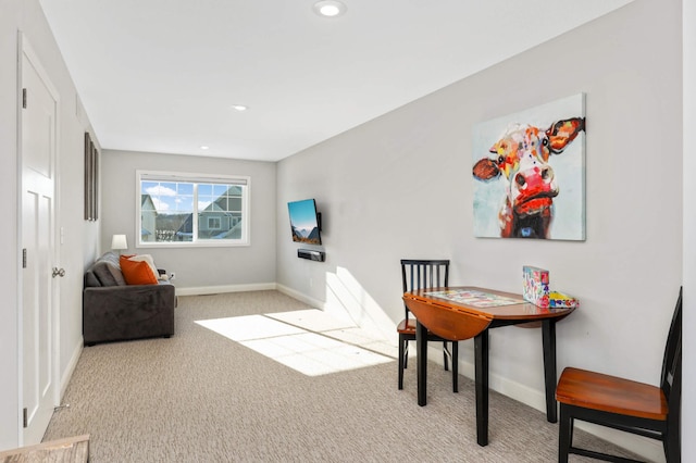 home office featuring carpet floors, recessed lighting, and baseboards