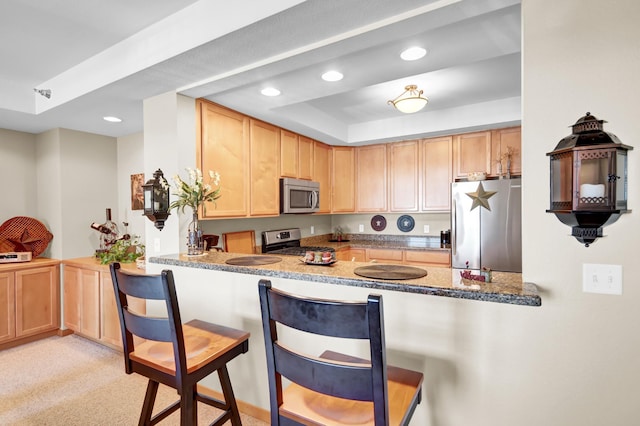 kitchen featuring recessed lighting, appliances with stainless steel finishes, a tray ceiling, and a peninsula