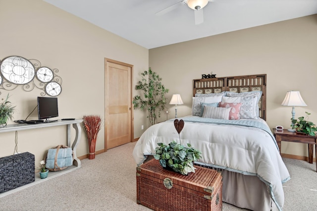 bedroom with baseboards, carpet floors, and ceiling fan