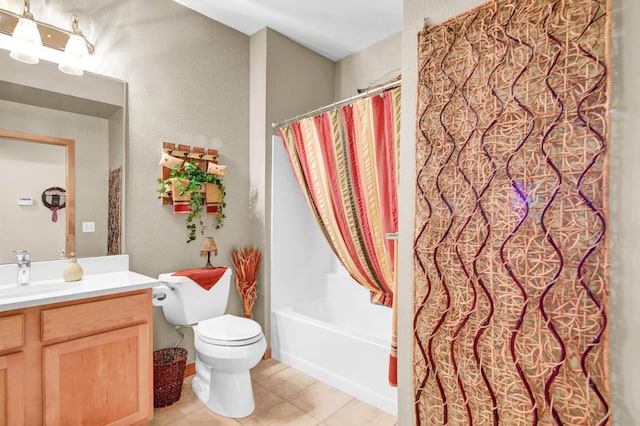 bathroom featuring tile patterned flooring, toilet, vanity, and shower / bathtub combination with curtain