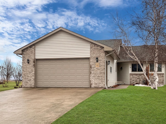 ranch-style home with a front lawn, a garage, brick siding, and driveway