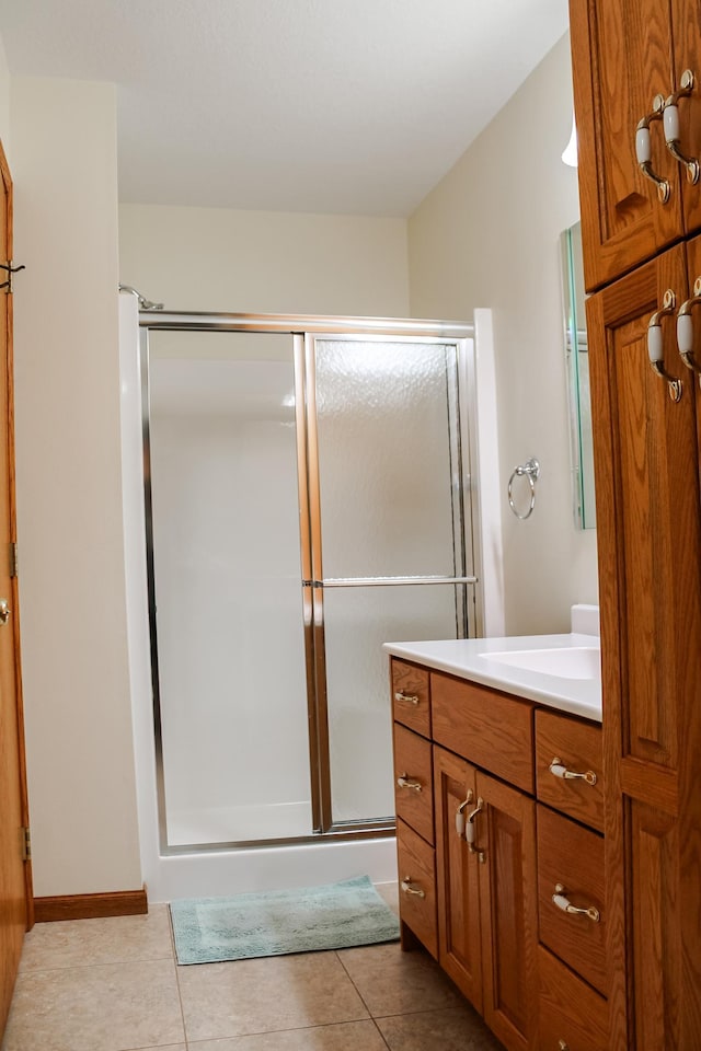 full bath with tile patterned floors, vanity, and a shower stall