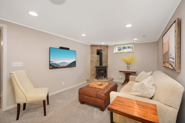 carpeted living room featuring baseboards, recessed lighting, a wood stove, and crown molding