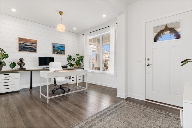 office space featuring recessed lighting, baseboards, and wood finished floors