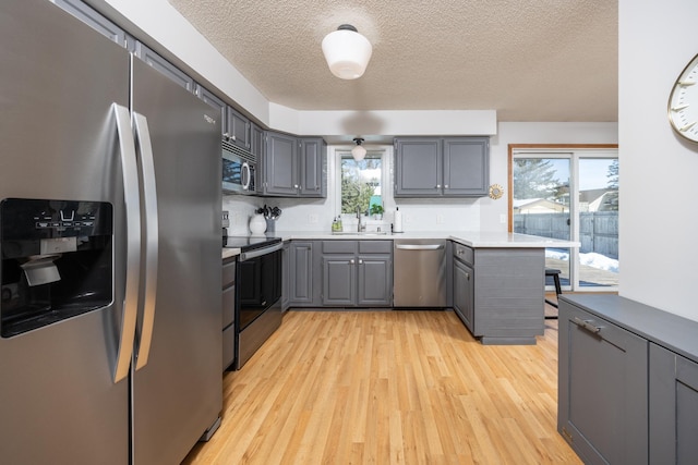 kitchen with gray cabinetry, appliances with stainless steel finishes, a sink, light wood-type flooring, and a peninsula