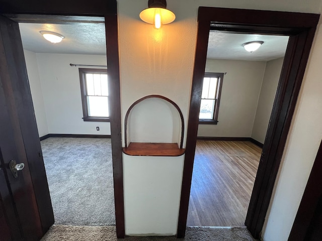 hallway with baseboards, a textured ceiling, wood finished floors, and carpet flooring