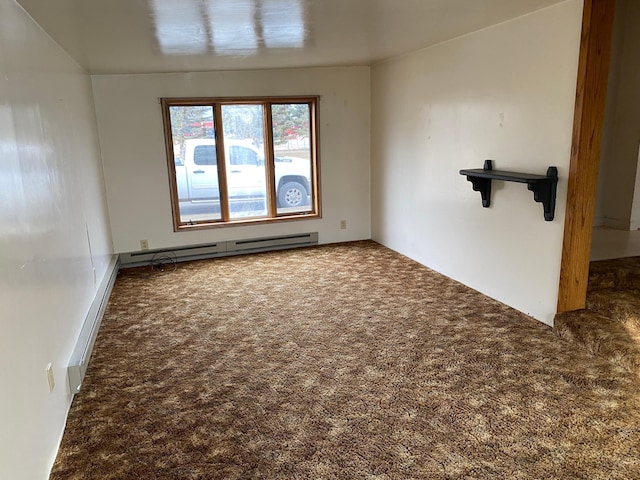 empty room featuring carpet floors and baseboard heating