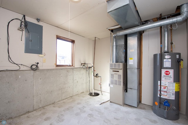 below grade area with gas water heater, heating unit, and electric panel