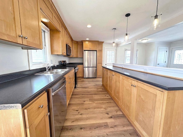 kitchen with a sink, dark countertops, light wood-type flooring, and stainless steel appliances