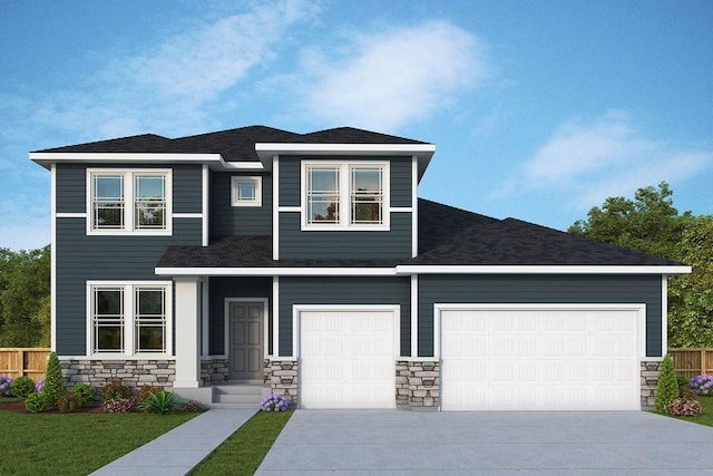 view of front of home featuring an attached garage, stone siding, concrete driveway, and fence