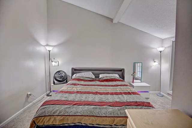 carpeted bedroom featuring a textured ceiling, vaulted ceiling with beams, and baseboards