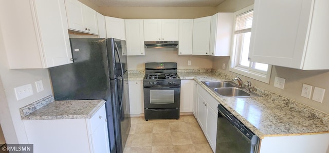 kitchen with black appliances, a sink, under cabinet range hood, white cabinets, and light countertops