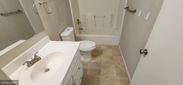 full bathroom featuring vanity, baseboards,  shower combination, tile patterned flooring, and toilet