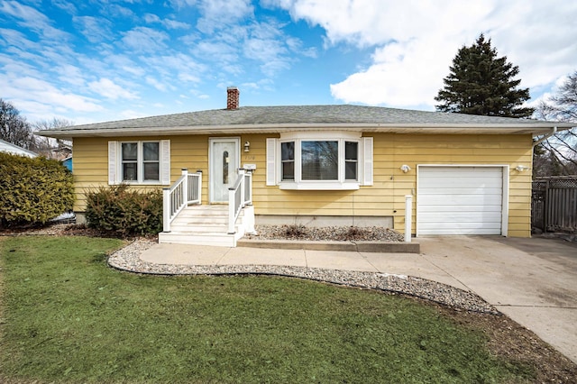 view of front of home featuring a garage, concrete driveway, a chimney, and a front yard