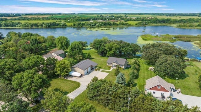 bird's eye view with a water view