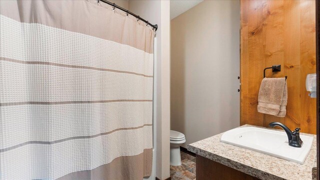 full bathroom featuring a shower with shower curtain, toilet, and vanity