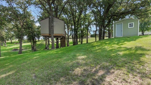 view of yard featuring an outbuilding and a storage unit