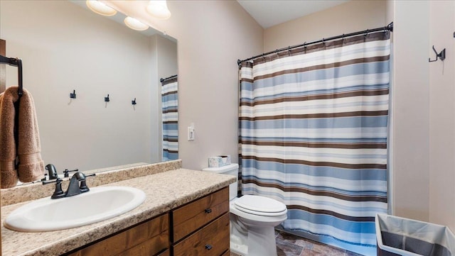 41032 Sauk Lake Rd, Sauk Centre, MN 56378 - bathroom with toilet, stone finish floor, curtained shower, and vanity