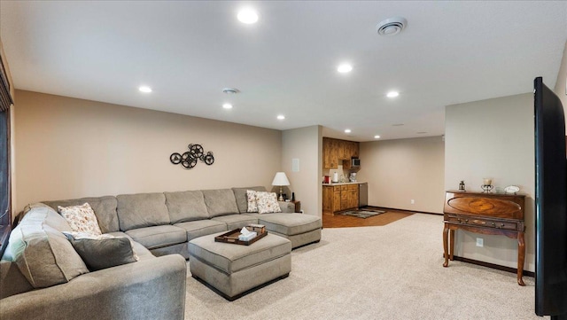 41032 Sauk Lake Rd, Sauk Centre, MN 56378 - living area featuring light colored carpet, visible vents, baseboards, bar area, and recessed lighting
