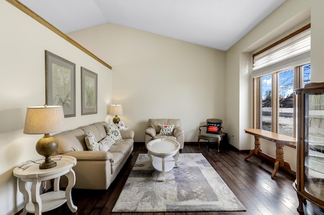 living room featuring vaulted ceiling and dark wood finished floors