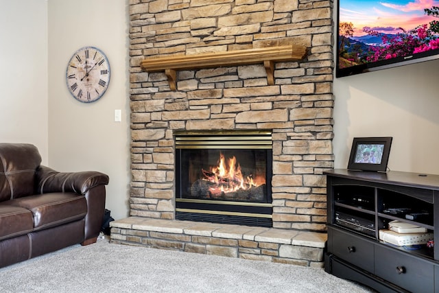 living area with a stone fireplace